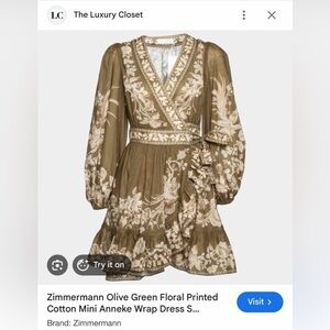 Zimmermann Annecke Khaki Floral Mini wrap Dress Size 2 (AU), US Size 6-8